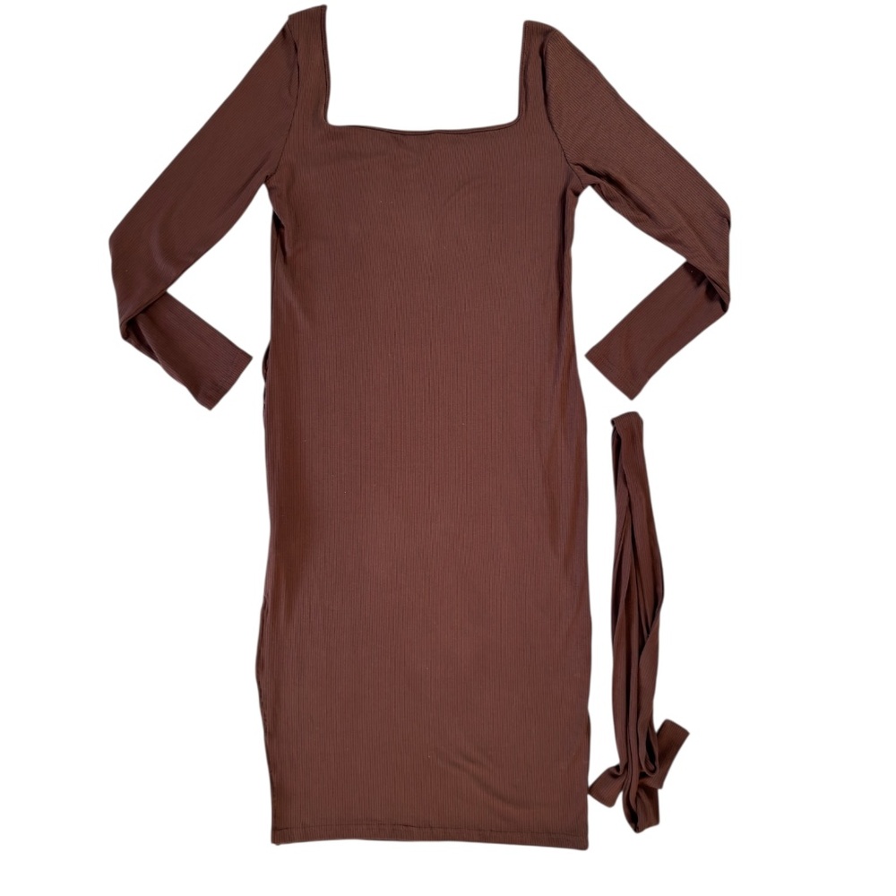 SHEIN NWOT Maternity Chic Sweetheart Neck Belted Dress Midi Timeless Brown L - Picture 5 of 16